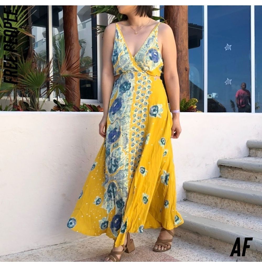 Free People Yellow Floral Maxi Dress with Blue Accents